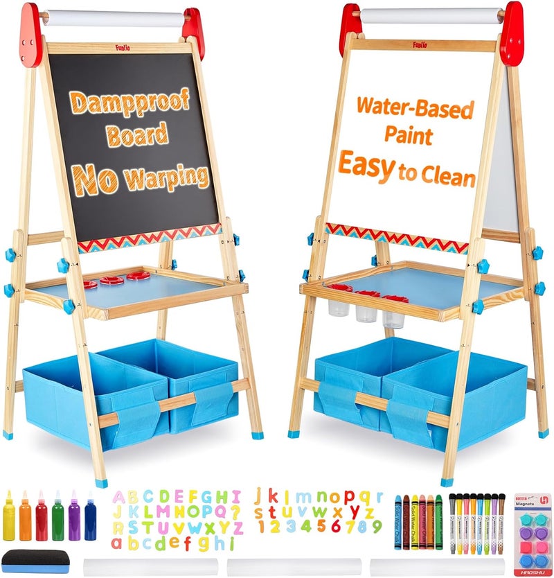 FUNLIO Anti-Warping Kids Art Easel, 3 Height Adjustable for Kids Aged 2-8, All-in-One Toddler Easel with Paper Roll & Erasable Frame, Standing Easel with Magnetic Chalkboard/Whiteboard (Blue) - Image 1